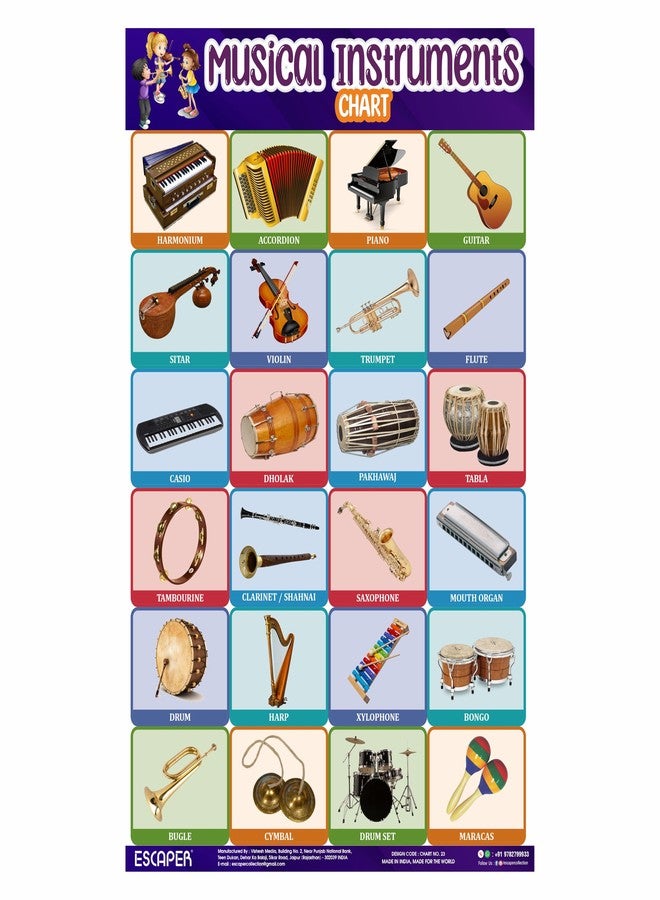 ESCAPER مخططات الآلات الموسيقية من إسكيبر لتعليم الأطفال (11.5 × 17.5 بوصة)، مخطط الآلات الموسيقية، مخططات للأطفال، مواد دراسية للأطفال، مخططات تعليمية للأطفال - Image 1